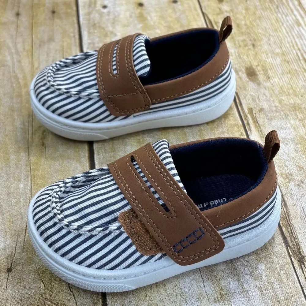 Carters Boys Crew Boat Loafers Blue White Striped Shoes Size 4M